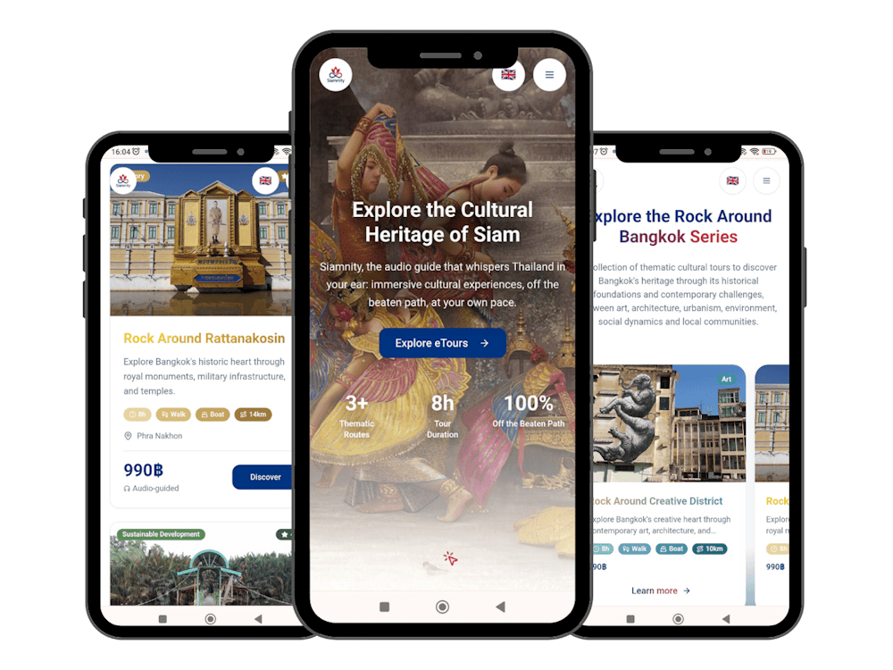 Siamnity is a smart audio-guide app, discreetly assisted by artificial intelligence, that lets culture enthusiasts explore Siam’s heritage independently, at their own pace.