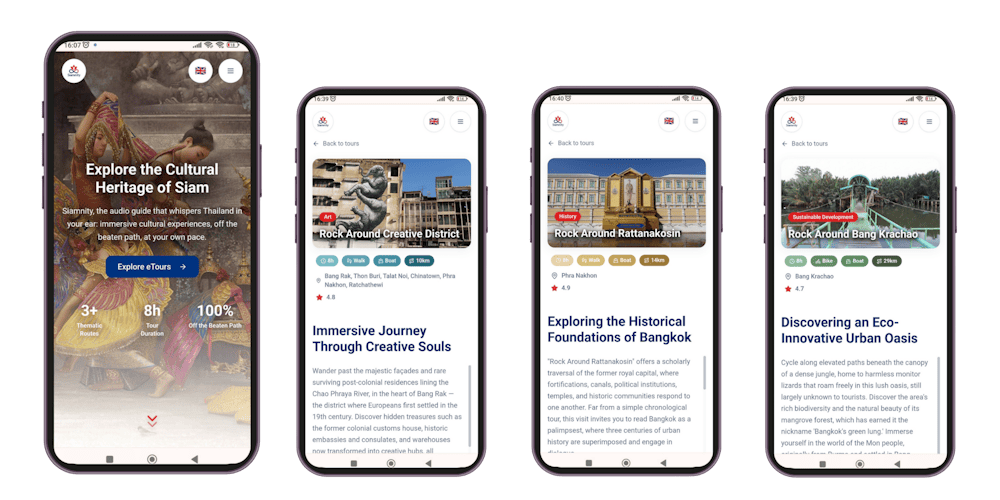 Siamnity est une application d’audioguide intelligente, discrètement assistée par l’intelligence artificielle, qui permet aux amateurs de culture d’explorer le patrimoine du Siam en toute autonomie, à leur propre rythme.